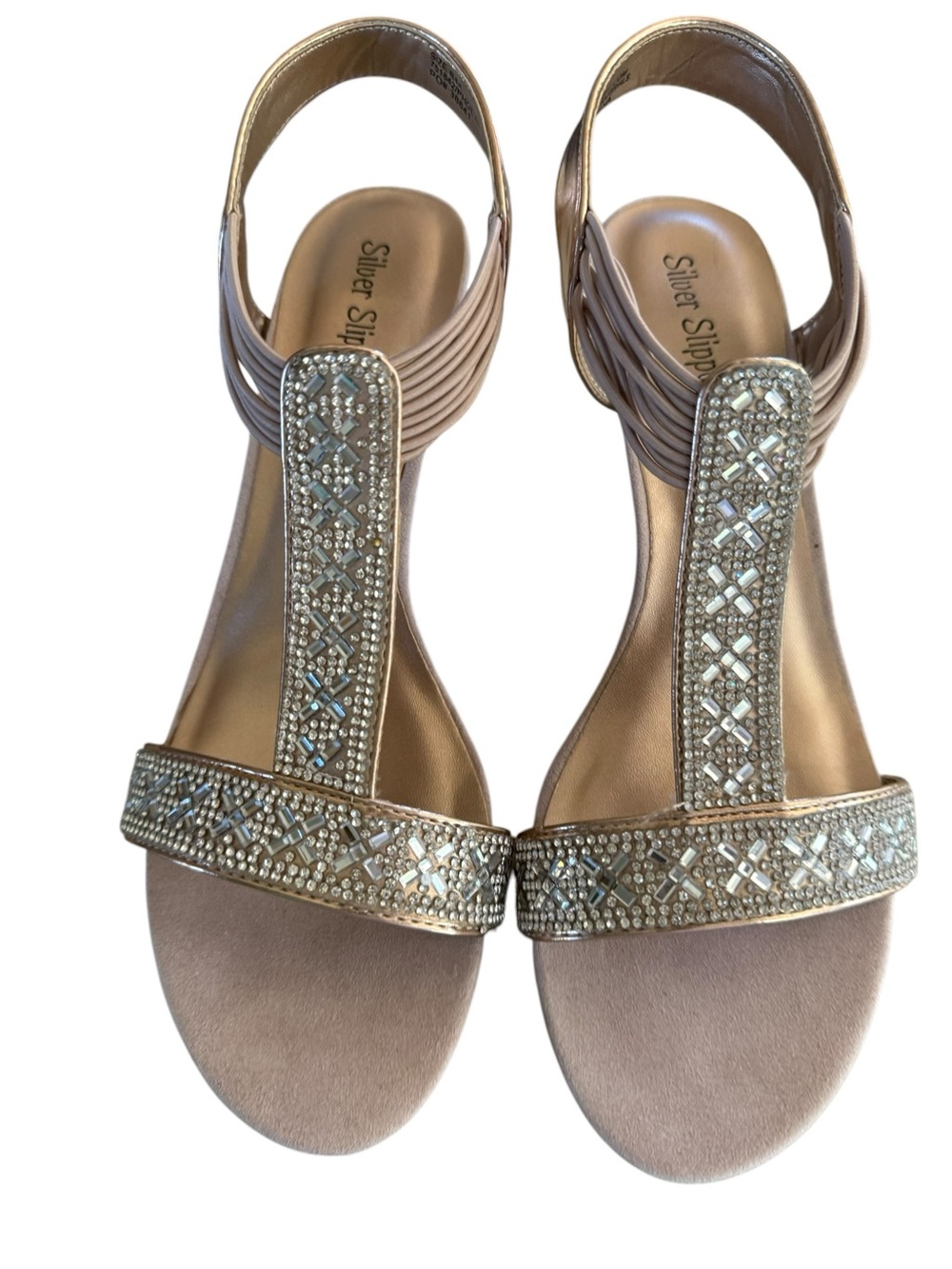 Silver Slipper Gold Rhinestone Wedge Sandals 8B